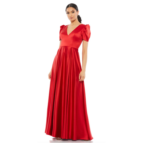 Mac Duggal PUFF SLEEVE‎ V-NECK SATIN GOWN, Red, Size 8, #26606 - Picture 1 of 10